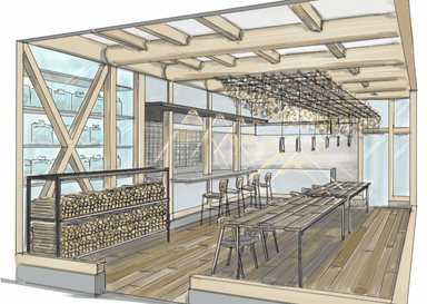 蔵特有の黒壁、そして広がる庭と調和する空間。レストランにおける食の在り方を問うここにしかない場所。